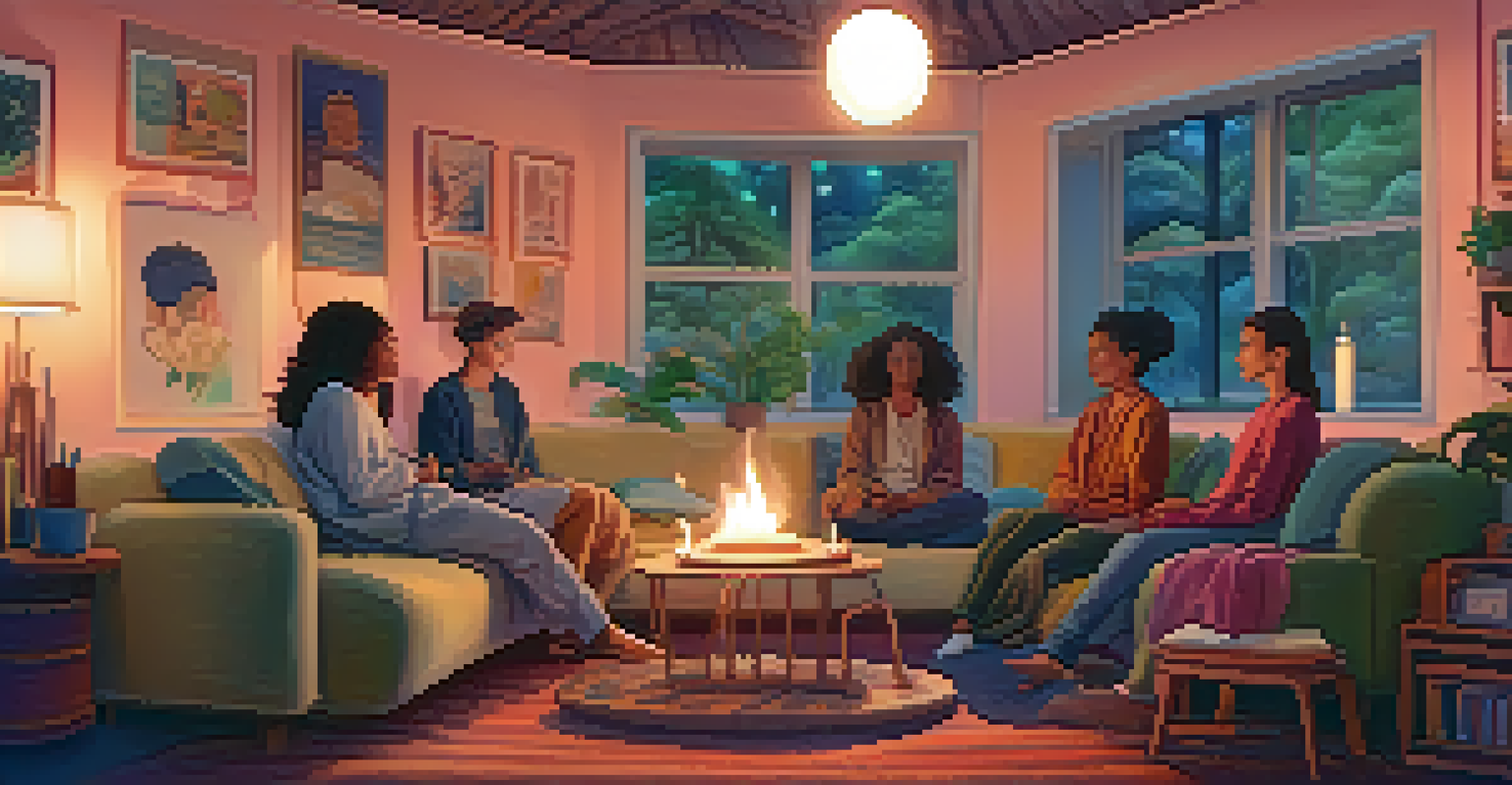 A cozy room with cushions and soft lighting, where a small group of people shares their experiences in a supportive environment.