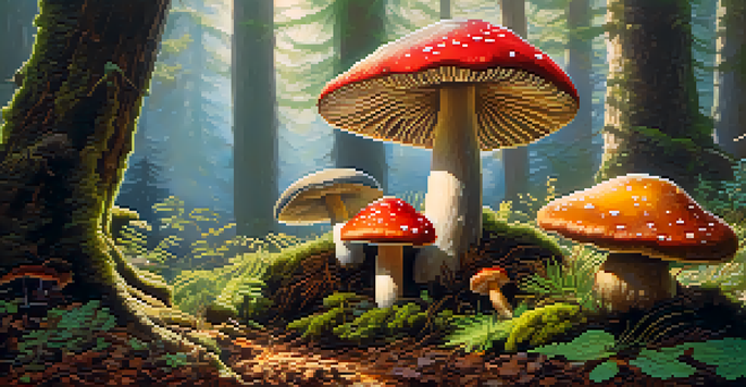 A tranquil forest with colorful mushrooms growing on the ground, illuminated by soft sunlight filtering through the trees.