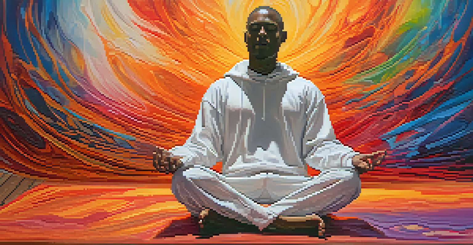 An abstract image of a meditating person surrounded by vibrant colors, representing emotional transformation.