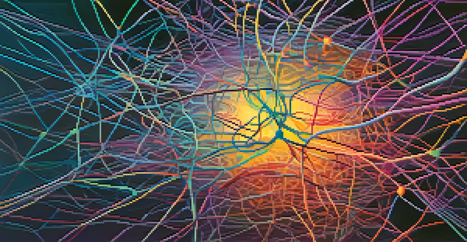 An abstract illustration of interconnected brain networks in bright colors, symbolizing empathy.