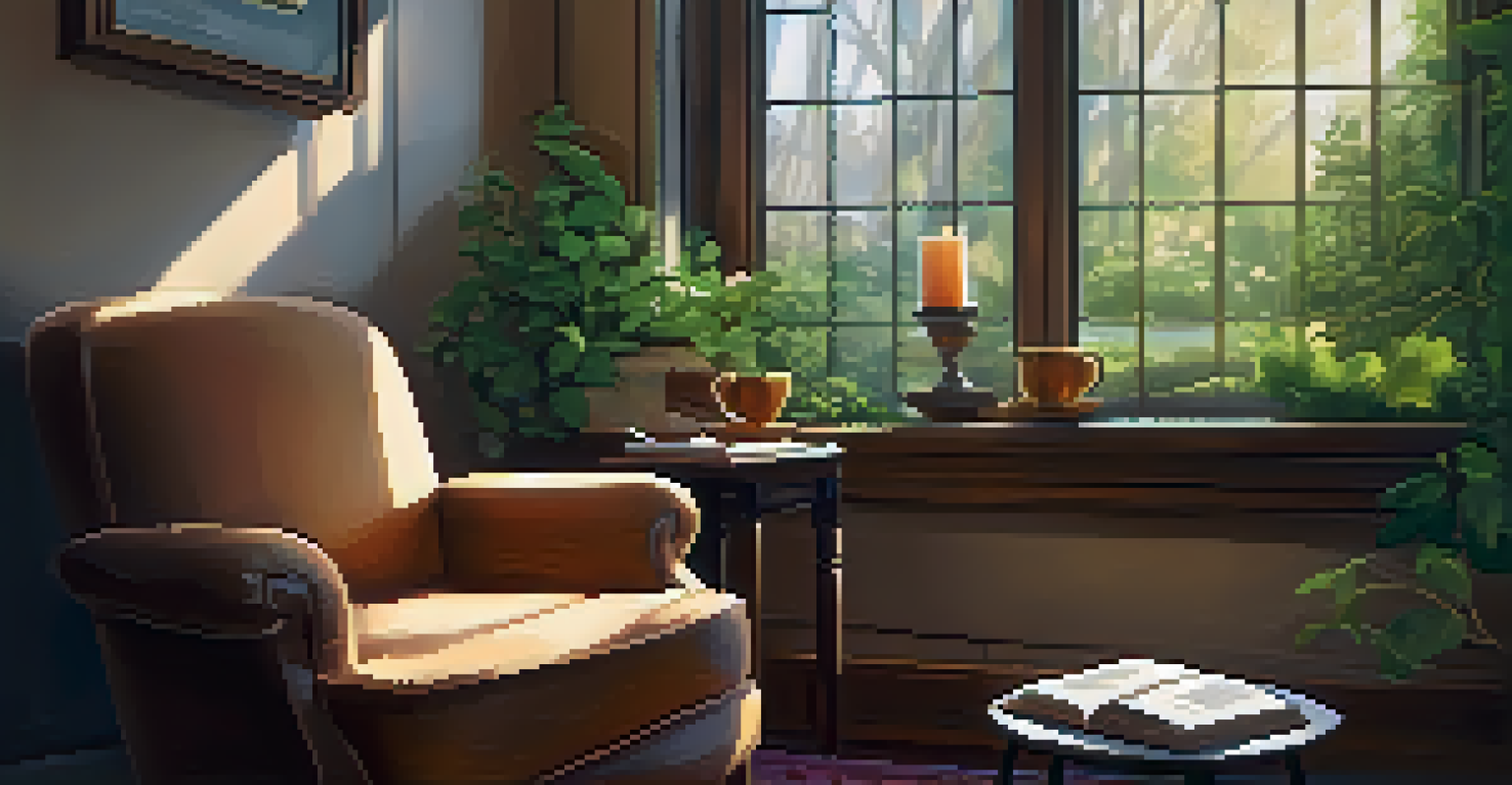 A warm indoor therapy space with an armchair, journal, and tea, overlooking a garden.
