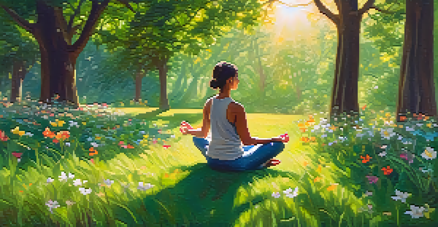 A person meditating in a green park, surrounded by sunlight, flowers, and butterflies.