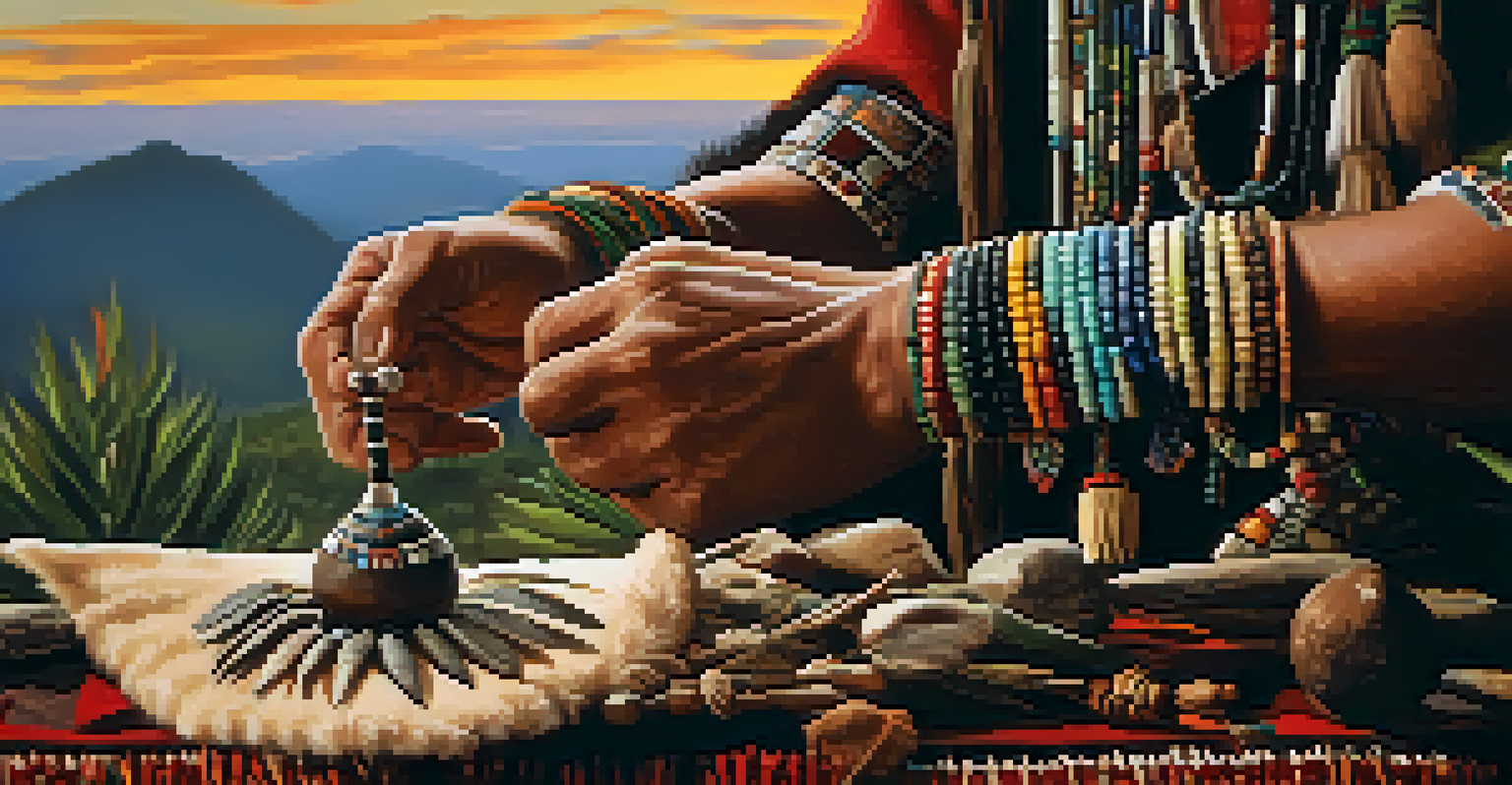 A close-up of a shaman's hands holding a decorated ceremonial rattle against a natural backdrop.