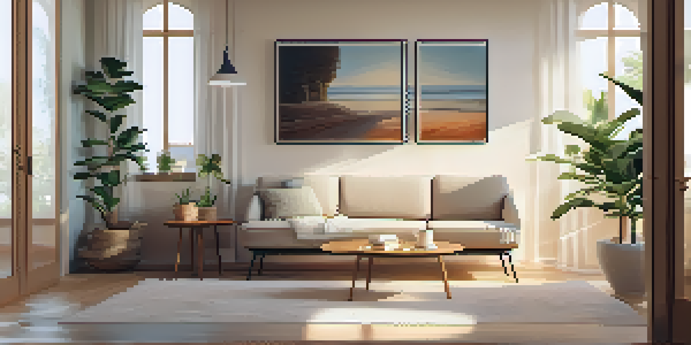 A cozy therapy room with soft lighting, a comfortable couch, and calming artwork on the walls.