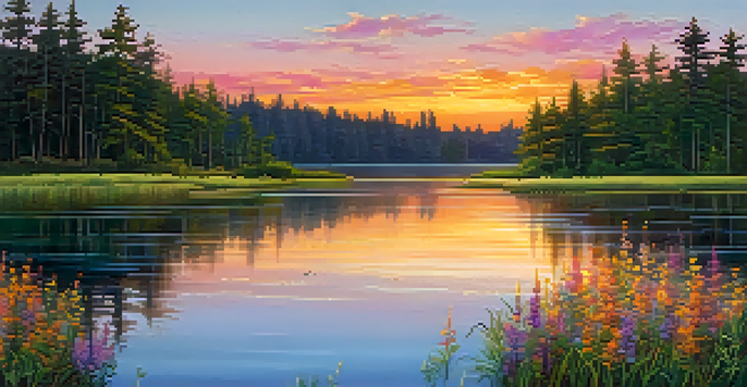 A peaceful sunset over a lake with colorful reflections, surrounded by wildflowers and tall trees.