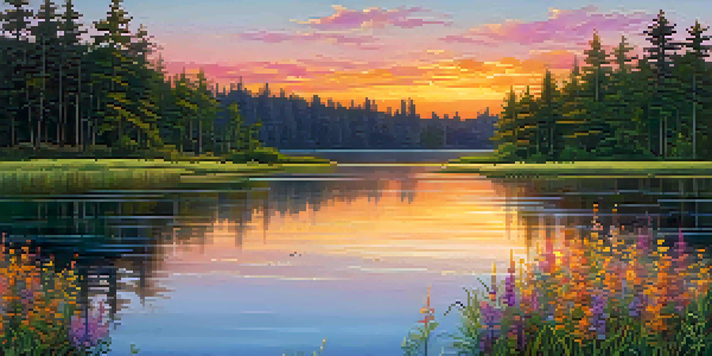 A peaceful sunset over a lake with colorful reflections, surrounded by wildflowers and tall trees.