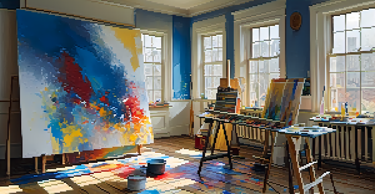 A bright artist's studio with an abstract painting in progress on a canvas, surrounded by colorful paints and brushes.