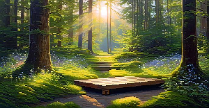 A peaceful forest scene with sunlight filtering through trees, a wooden meditation platform, and colorful wildflowers on the ground.