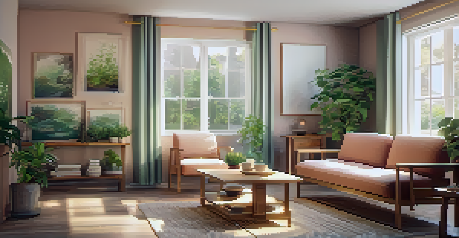 A cozy therapy room with a comfortable sofa, soft lighting, plants, and a table with a notebook and herbal tea, conveying a warm atmosphere.