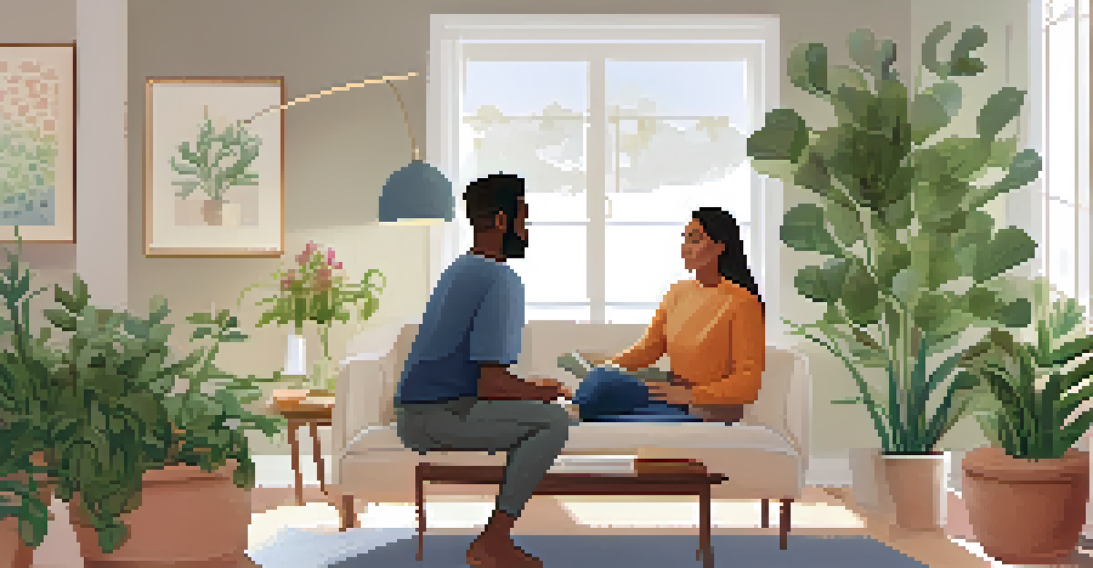 A modern therapy session in a cozy room, with a therapist and client discussing mental health.