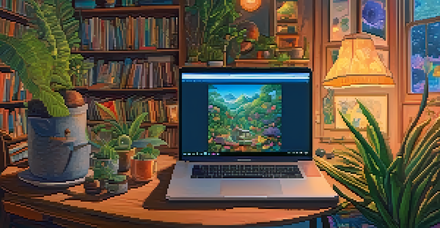 A warm and inviting room with a laptop showing a social media feed about psychedelic experiences, surrounded by plants and books.