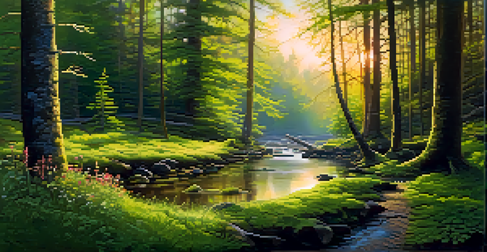 A tranquil forest scene with golden sunlight filtering through trees, a stream, and colorful wildflowers on the forest floor.