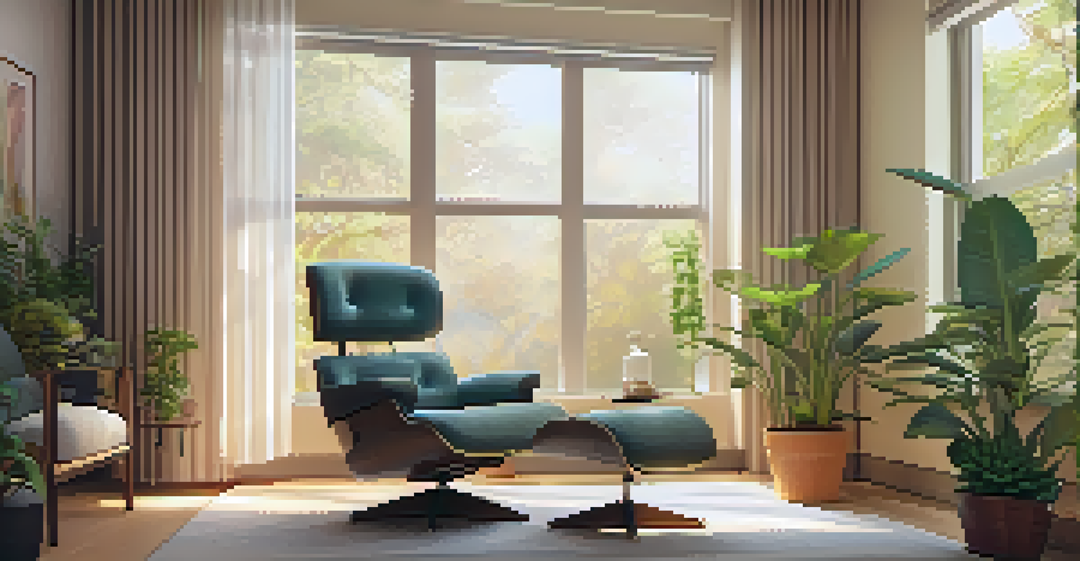 A cozy therapy room with warm lighting, a recliner, plants, and calming artwork, creating a peaceful environment for therapy.