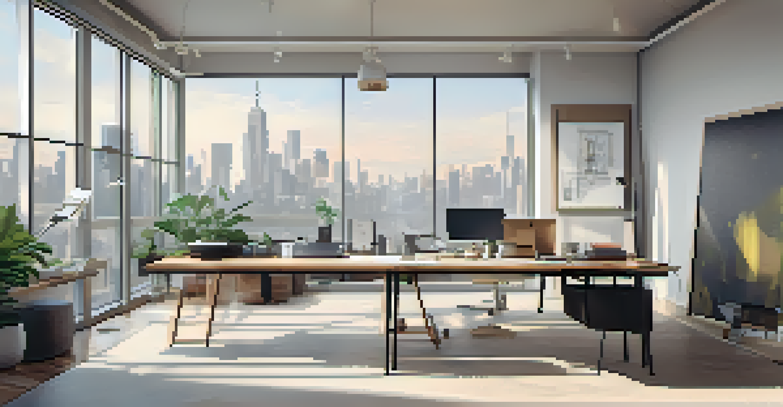 A modern minimalist design studio filled with natural light, featuring sketches and design tools, with a city skyline view through a large window.
