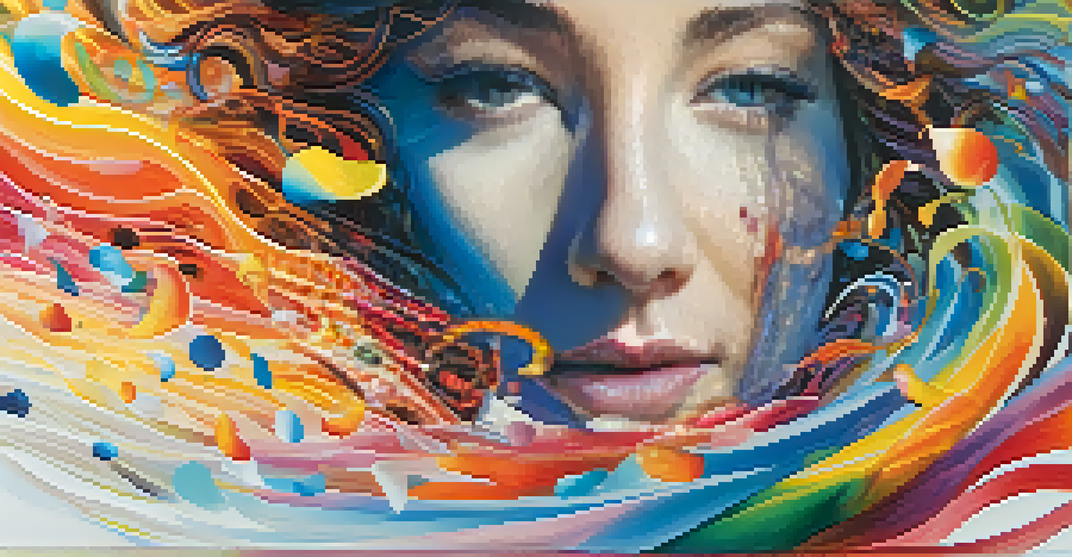 An artistic representation of synesthesia with a person surrounded by swirling colors and musical notes in a serene setting.