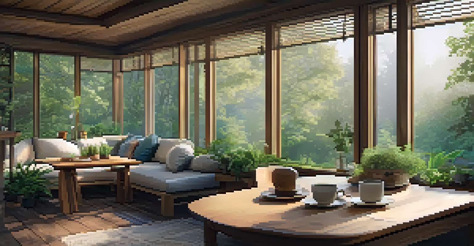 A cozy retreat space in a forest with wooden elements, cushions, and large windows showing lush greenery.