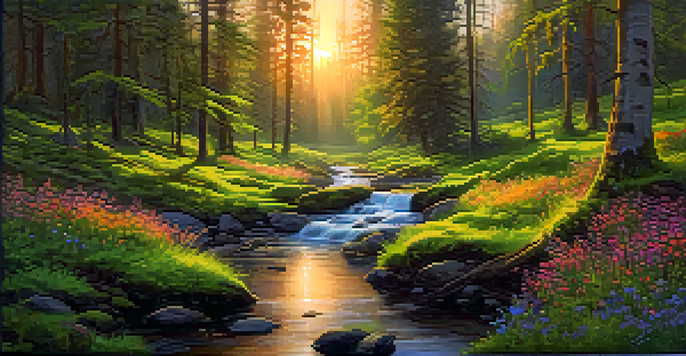 A tranquil forest scene at sunset with sunlight filtering through trees and a stream reflecting warm colors.