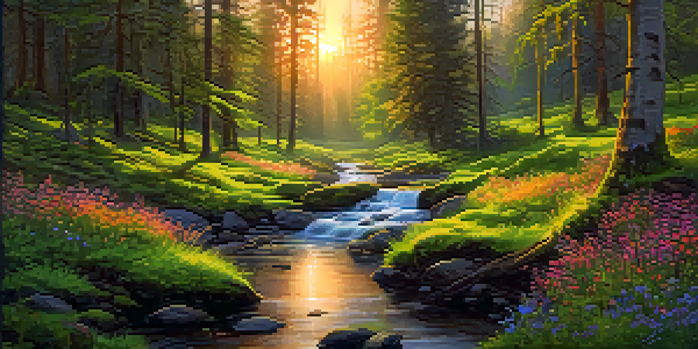 A tranquil forest scene at sunset with sunlight filtering through trees and a stream reflecting warm colors.