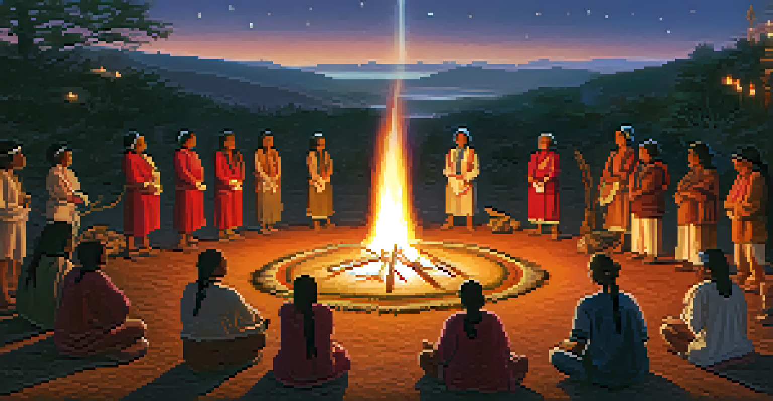 An Indigenous healer leading a ceremonial gathering with participants seated in a circle around a fire, surrounded by sacred plants and colorful textiles during twilight.