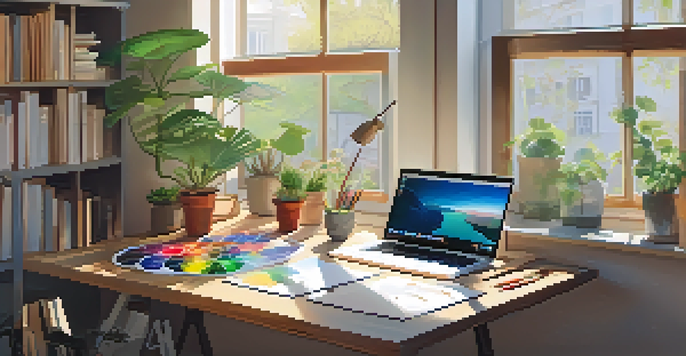 A peaceful workspace with a wooden desk, an open laptop, sketches, art supplies, and sunlight streaming through a window.