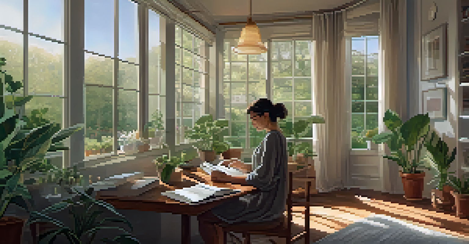 A person journaling by a sunlit window in a cozy indoor space filled with plants.