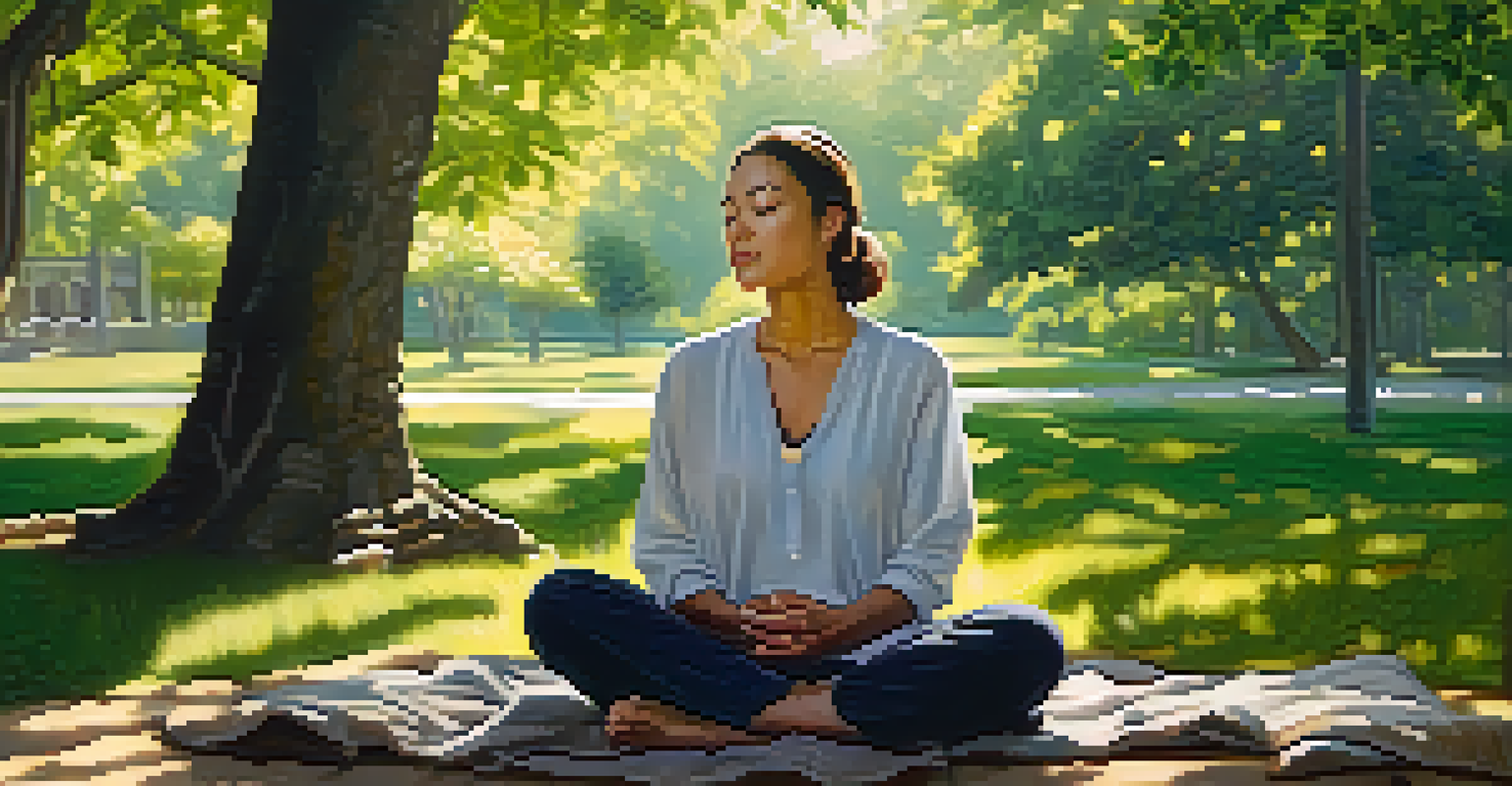A person practicing mindfulness in a peaceful park surrounded by greenery.