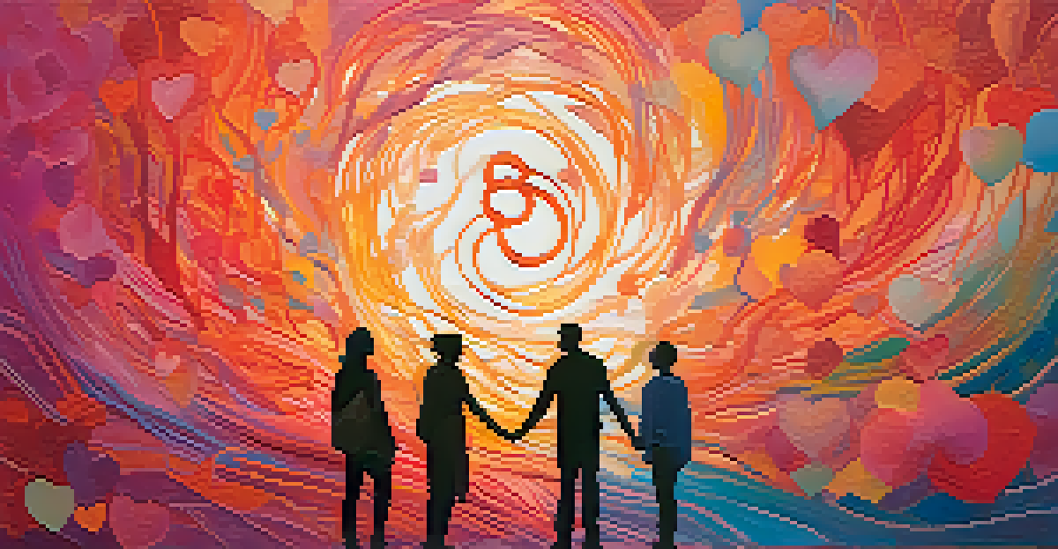 An abstract image showing interconnected human silhouettes with glowing hearts, representing emotional openness and unity.