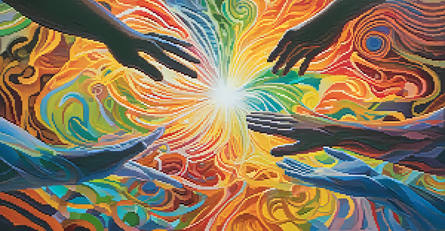 An abstract image depicting human silhouettes reaching towards each other amidst vibrant colors, symbolizing empathy and connection.