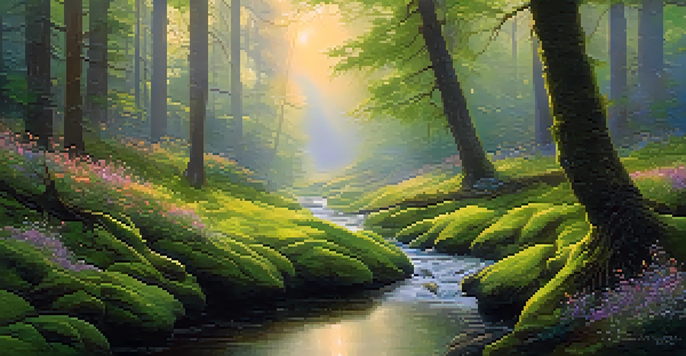 A peaceful forest at dawn with sunlight filtering through trees, moss-covered ground, and a flowing stream.