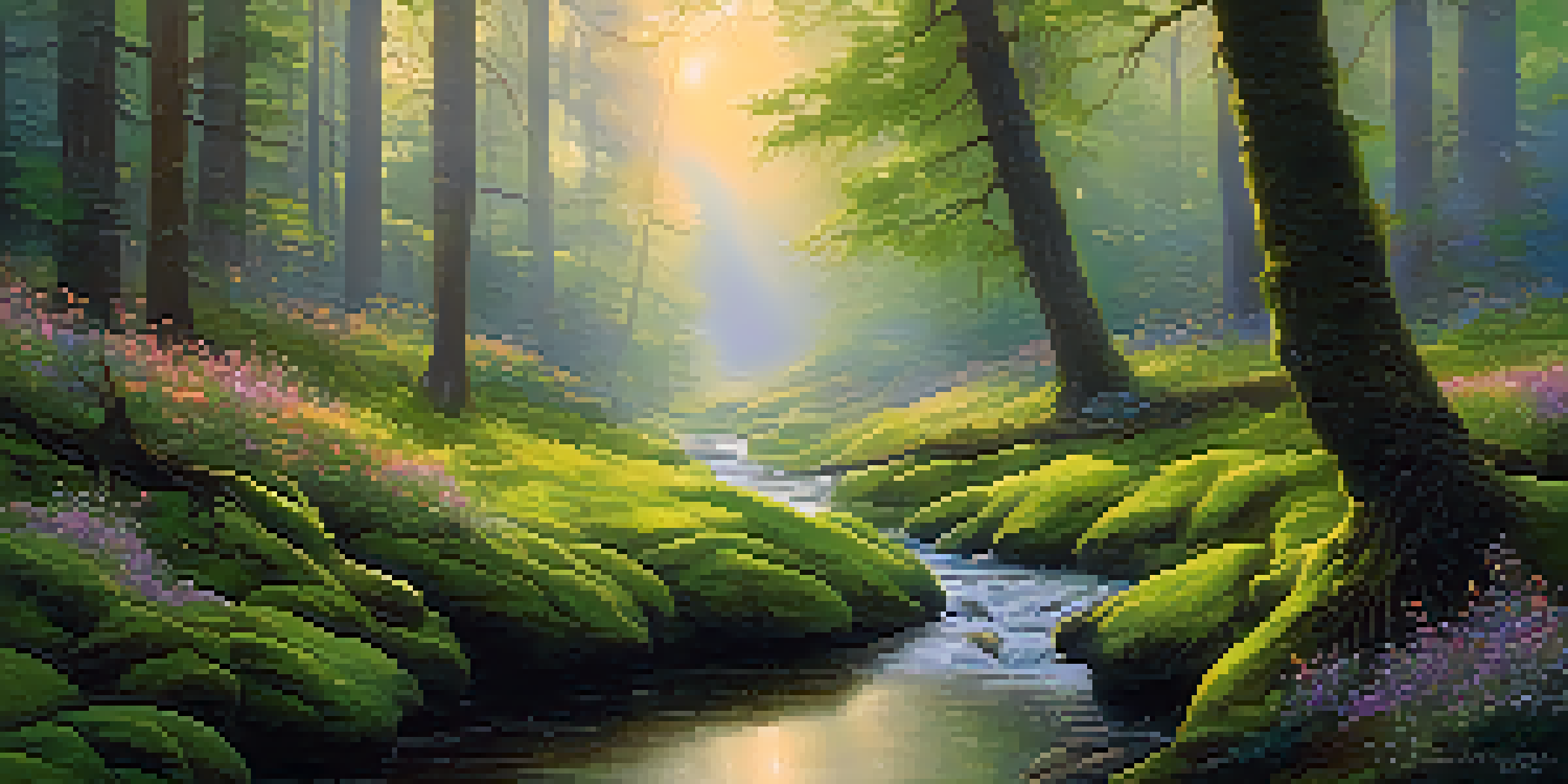 A peaceful forest at dawn with sunlight filtering through trees, moss-covered ground, and a flowing stream.