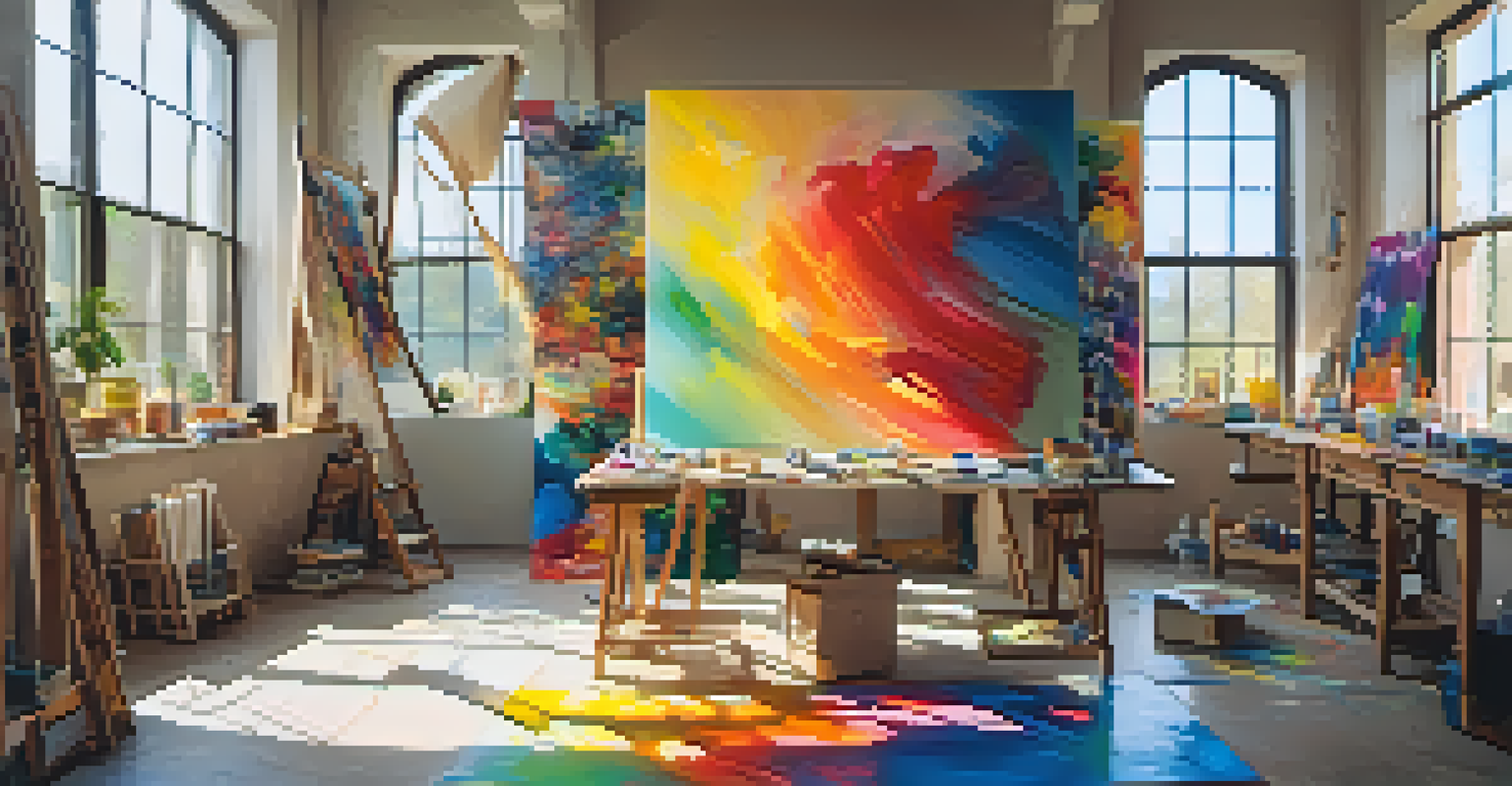 An artist's workspace with colorful paints and a partially completed canvas.