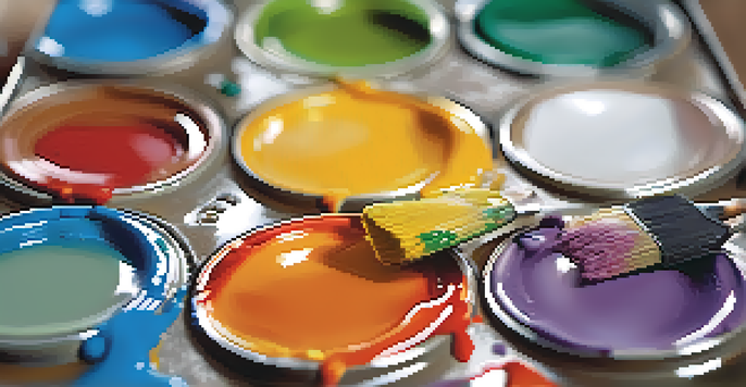 A colorful artist's palette with various paint colors blending together in a soft-focus background.