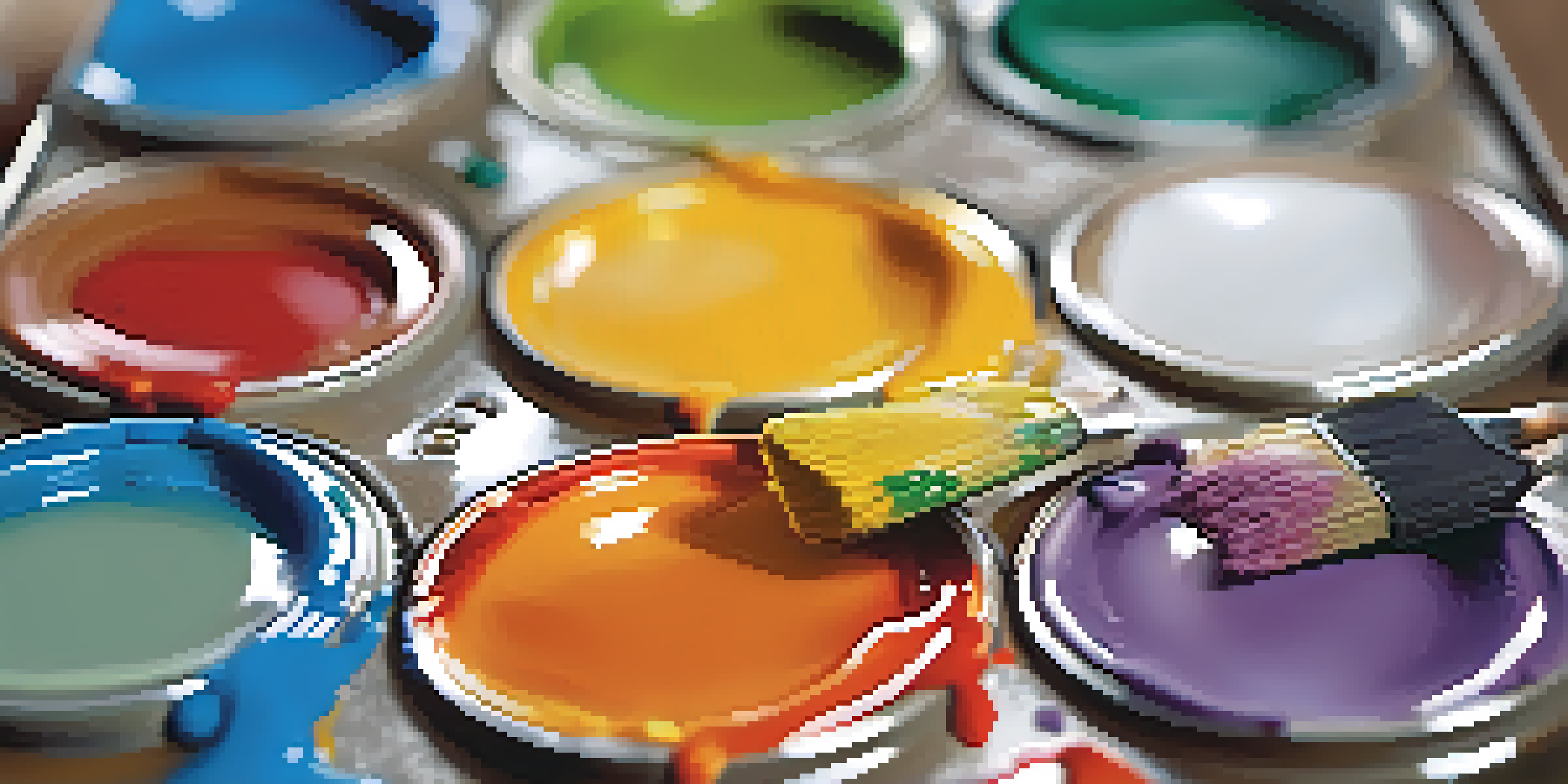 A colorful artist's palette with various paint colors blending together in a soft-focus background.