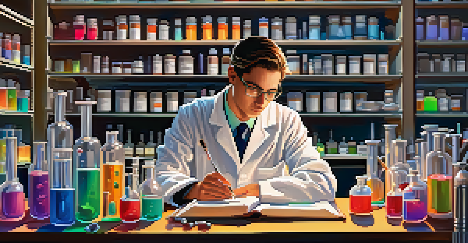 A researcher in a lab coat examining small vials of colorful liquids in a laboratory filled with books and equipment.