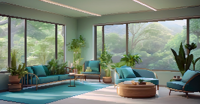 A cozy therapy room with comfortable seating, calming colors, and soothing décor, designed for psychedelic therapy.