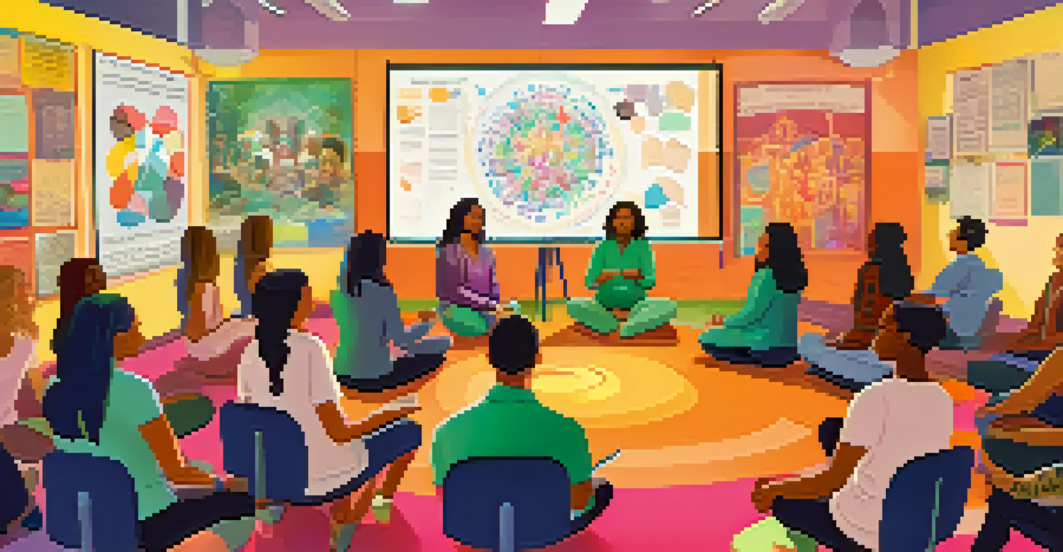 A diverse group of therapists participating in a training session about psychedelic therapy in a bright classroom.
