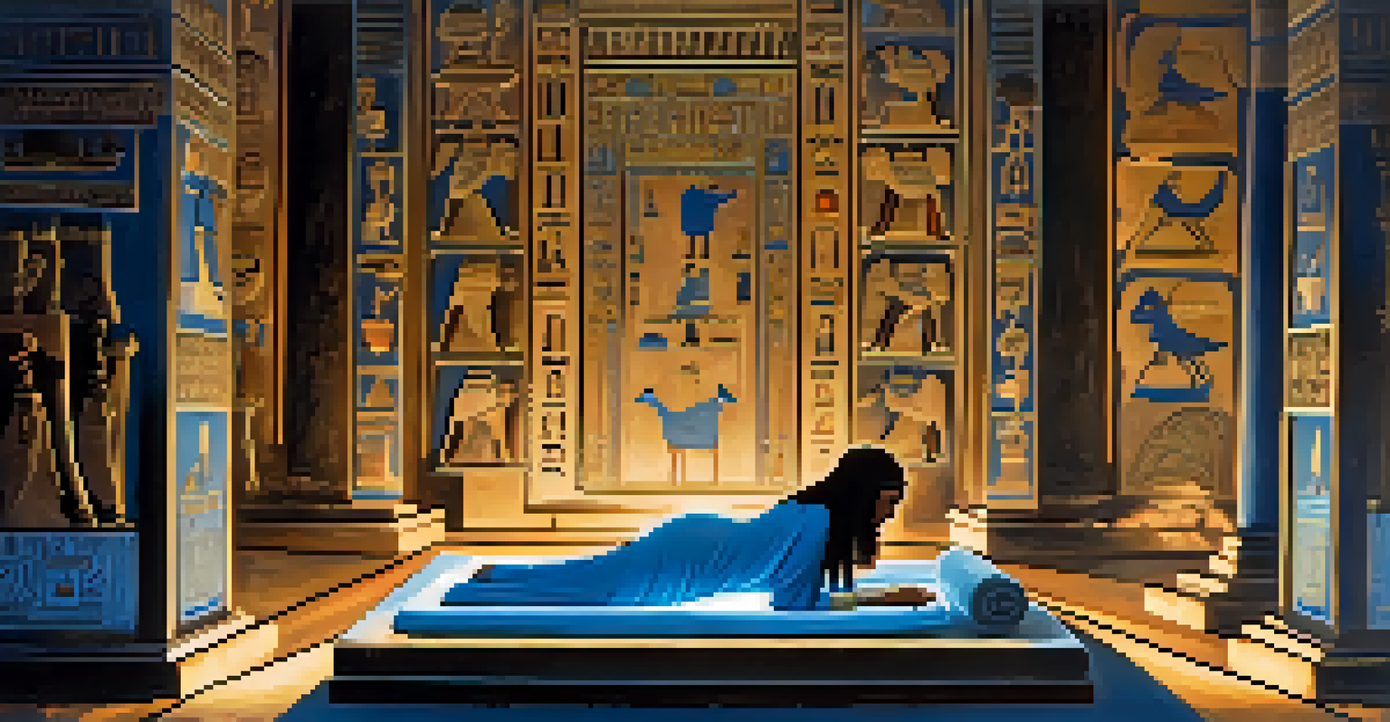An artistic depiction of an ancient Egyptian healer using blue lotus in a dimly lit chamber, surrounded by hieroglyphs and a soft blue glow.