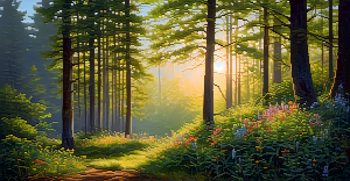 A couple sitting on a blanket in a forest at dawn, surrounded by trees and wildflowers, engaged in conversation.