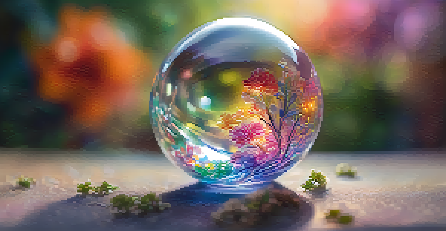 A hand holding a crystal orb with colorful reflections and a blurred natural background.