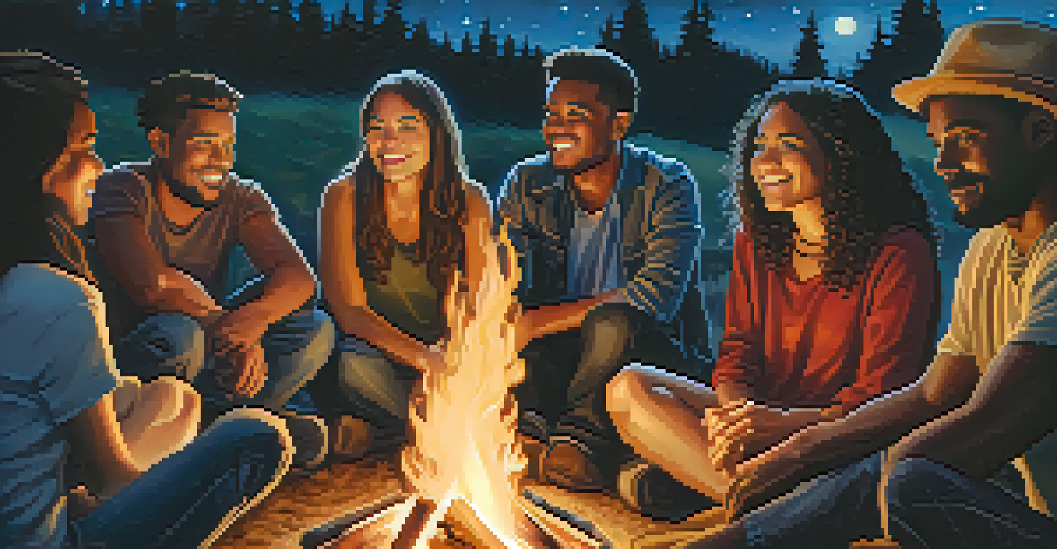 A group of people gathered around a campfire at night, sharing experiences under a starry sky.