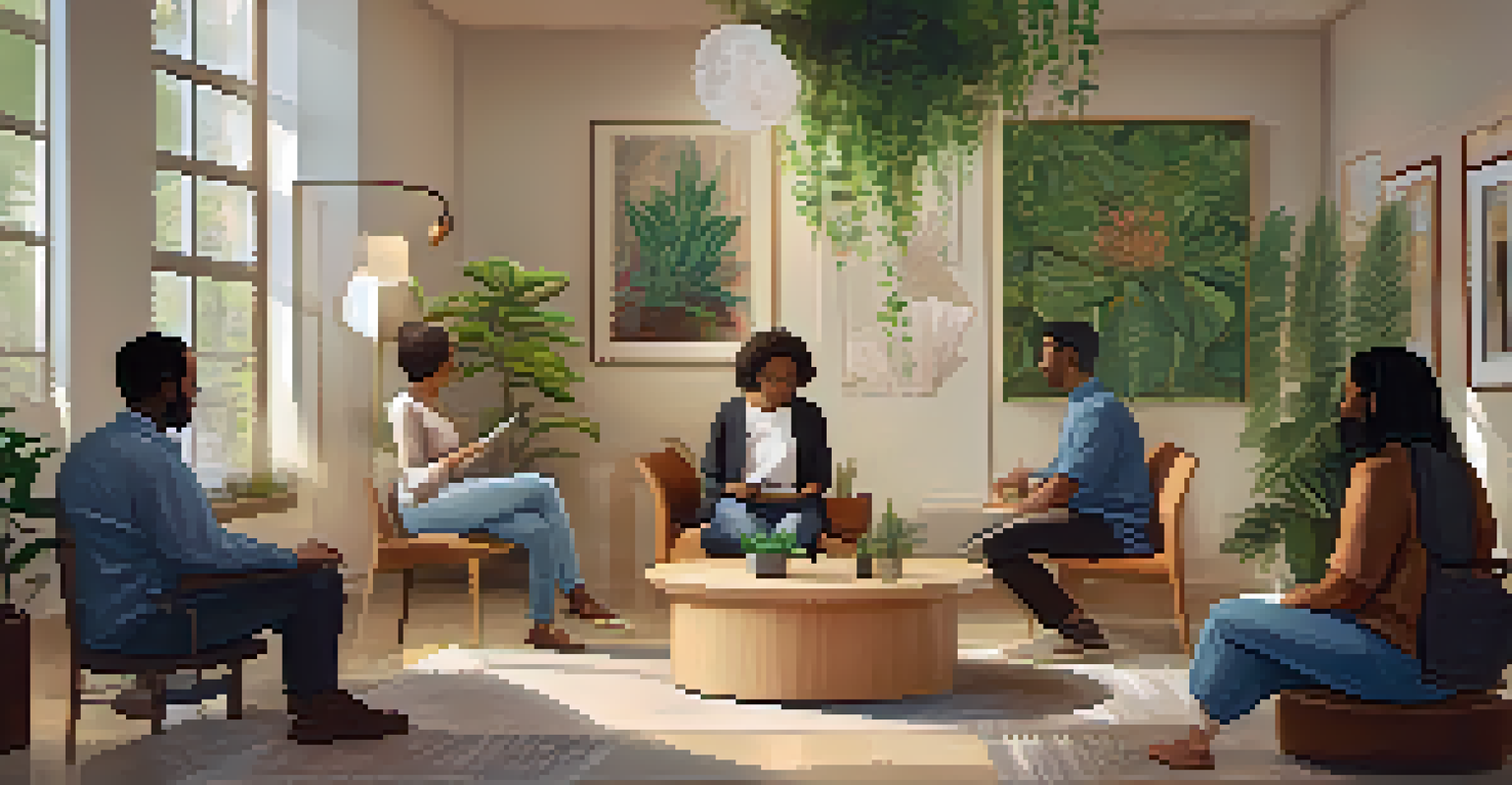 A modern therapy room with a therapist and diverse clients discussing hallucinogens, surrounded by plants and cultural artwork.