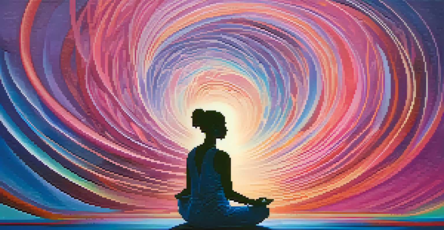 An abstract image depicting a silhouette meditating with colorful patterns representing the mind and body connection.