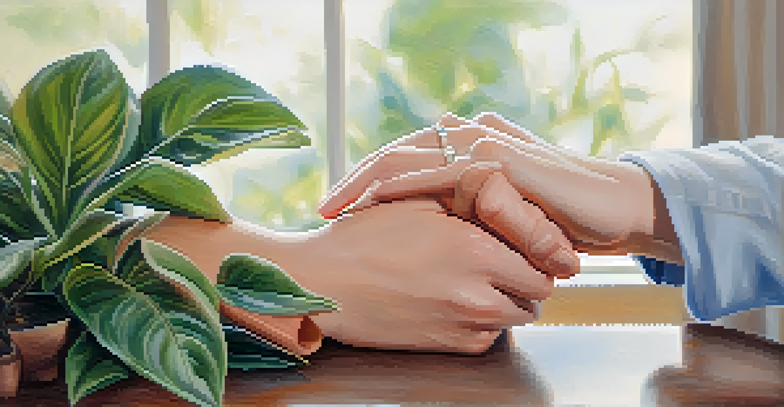 A close-up of a therapist and a client's hands clasped together, symbolizing trust and connection in therapy.