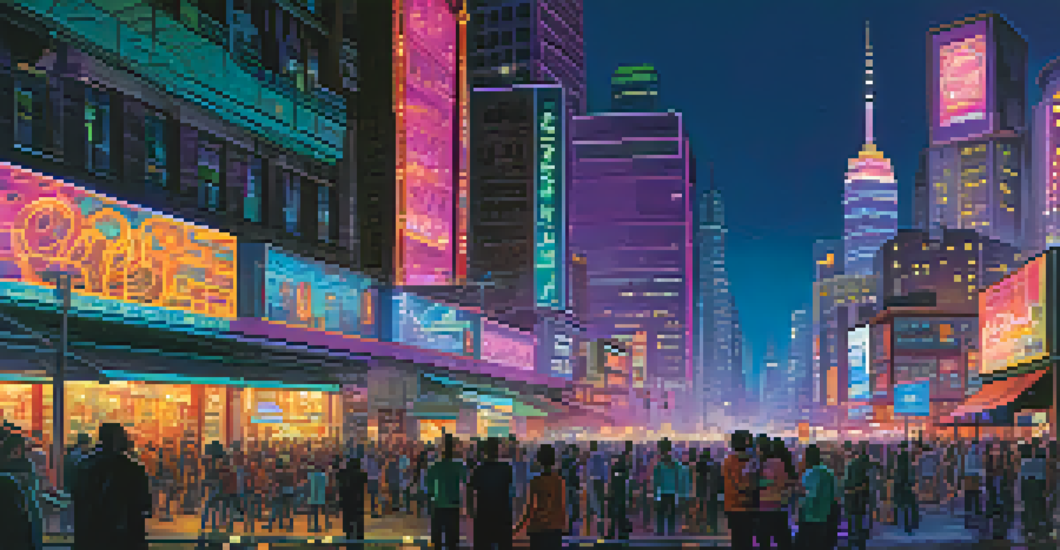 A lively city skyline at twilight, with illuminated skyscrapers and busy streets filled with people.