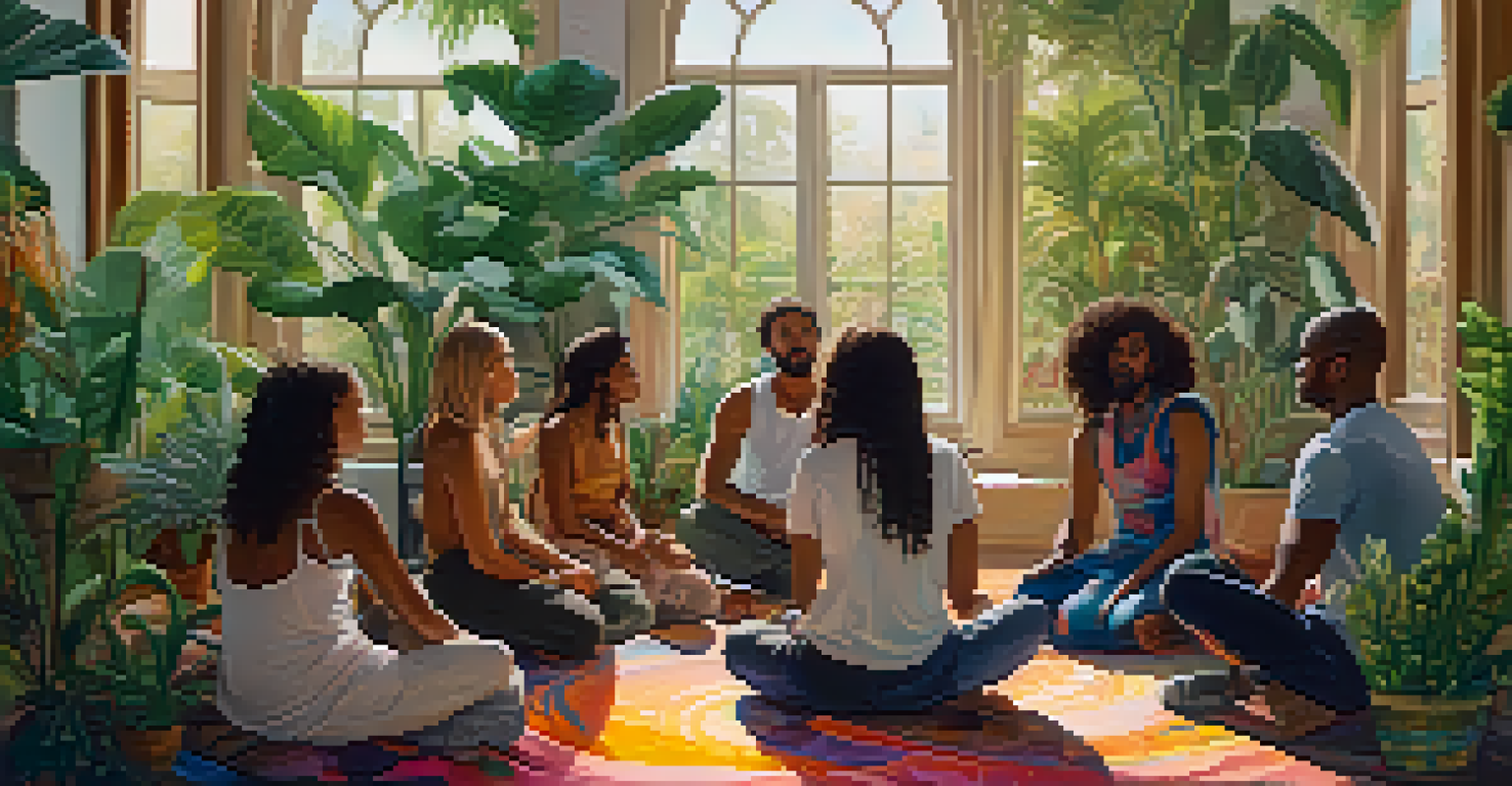 A circle of participants sharing their experiences after a guided psychedelic retreat, highlighting connection and community in a tranquil indoor setting.