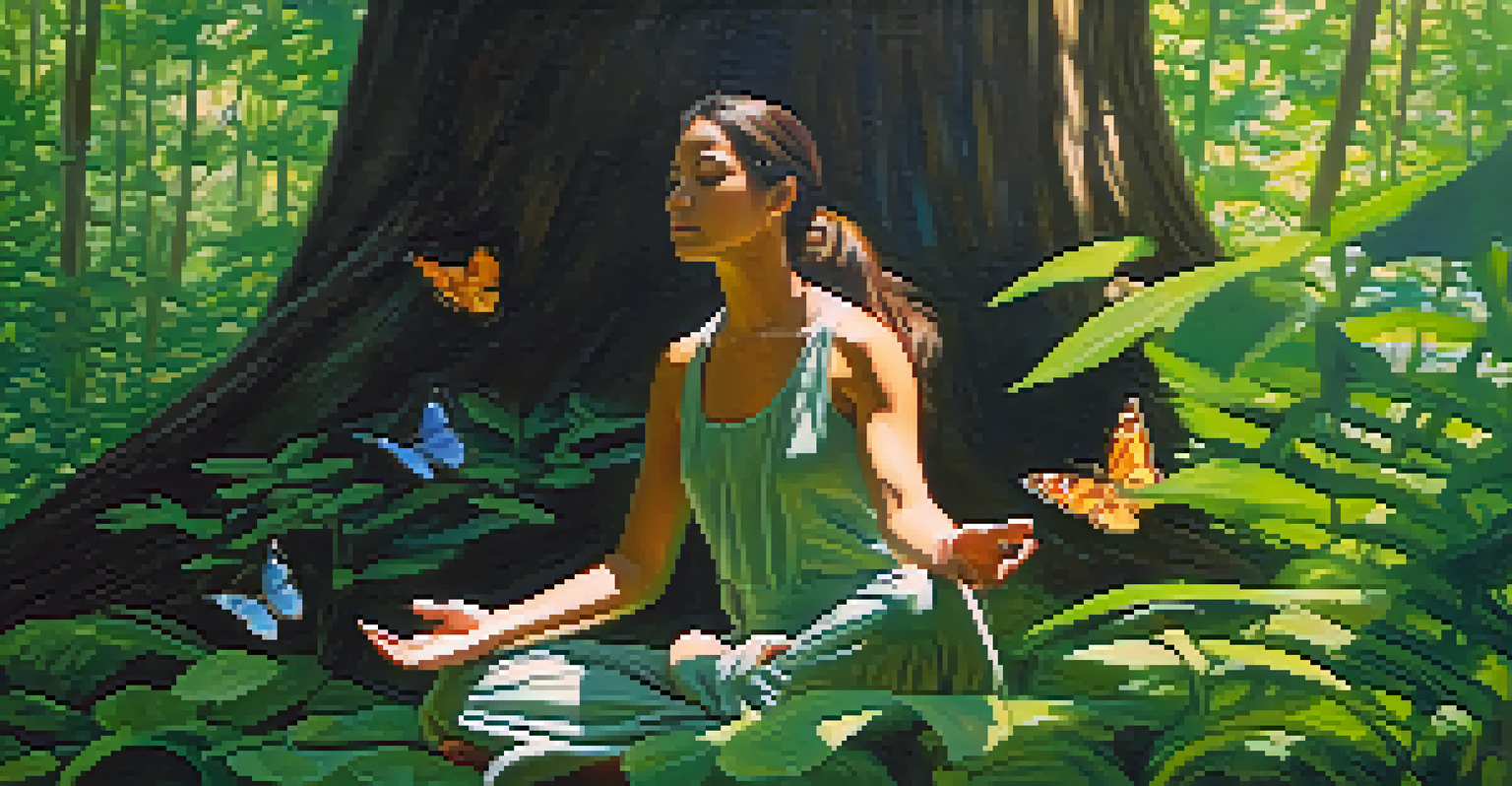 A person meditating in a lush forest with sunlight filtering through leaves and colorful butterflies around.