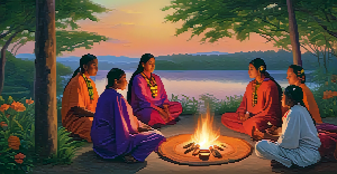 A sunset landscape of an indigenous community participating in a traditional healing ceremony, with a river and lush greenery.