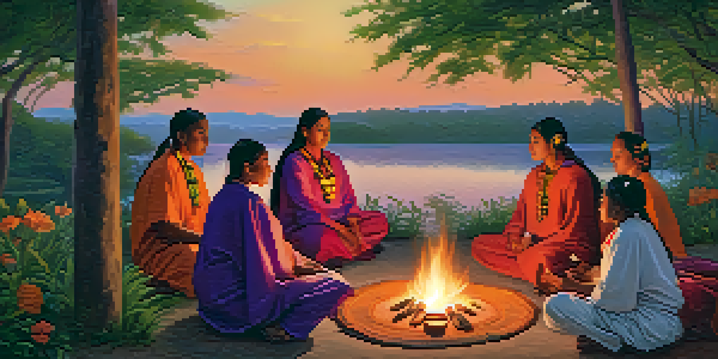 A sunset landscape of an indigenous community participating in a traditional healing ceremony, with a river and lush greenery.