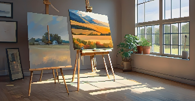 A bright artist's studio with an easel and a landscape painting, surrounded by colorful art and a potted plant.