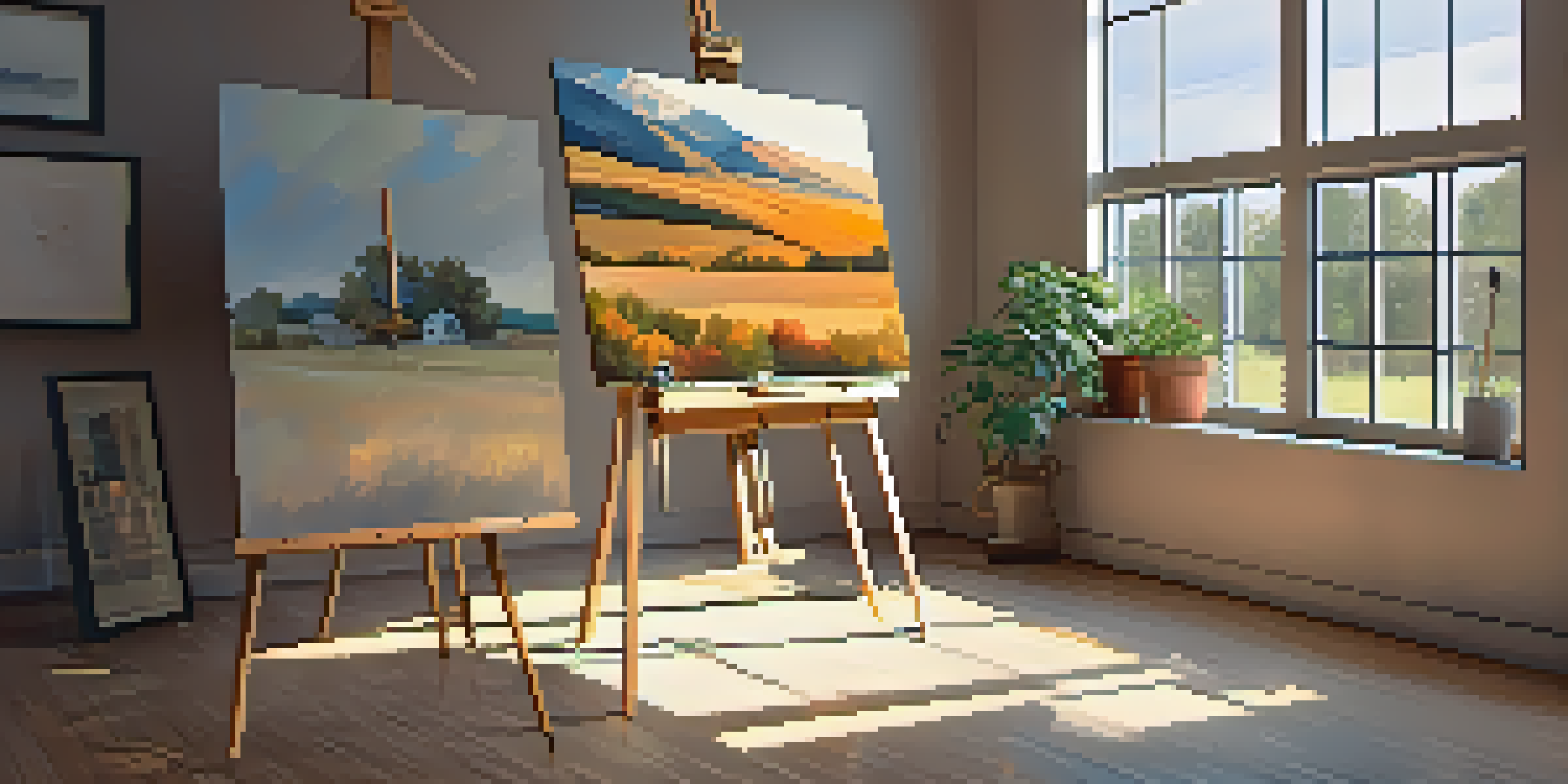 A bright artist's studio with an easel and a landscape painting, surrounded by colorful art and a potted plant.